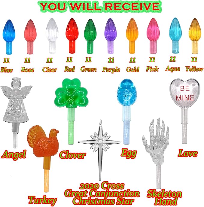 110Pcs in 10 Colors Ceramic Christmas Tree Replacement Lights - Plastic Bulbs Pegs, Included Angel Topper/Heart Top/Cross Stars/Egg/Turkey/Skeleton Hand/Clover.