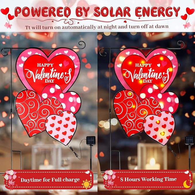 VIHOSE Valentine Garden Flag, 12 x 18 Inch Double Sided Solar Powered LED Heart Flag with Lighting 8 Modes Happy Valentine Red Love Heart Yard Flags Outdoor Banner for Valentine's Day Decorations