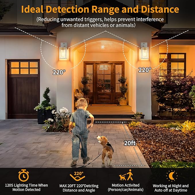 2 Pack White Motion Sensor Outdoor Light Fixtures Wall Mount, Dusk to Dawn Front Porch Lights for House, Exterior Wall Sconce, Waterproof Lantern Lamp,Outside Coach Light for Garage Entryway Yard
