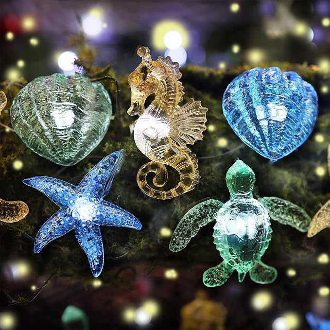 Bartlett Ocean Solar Lights Outdoor- 14ft 40LED Sea Life Décor Turtle Seahorse Shell Starfish-Waterproof Solar Fairy Lights for Outside Christmas Balcony Garden Yard Patio Fence Decoration