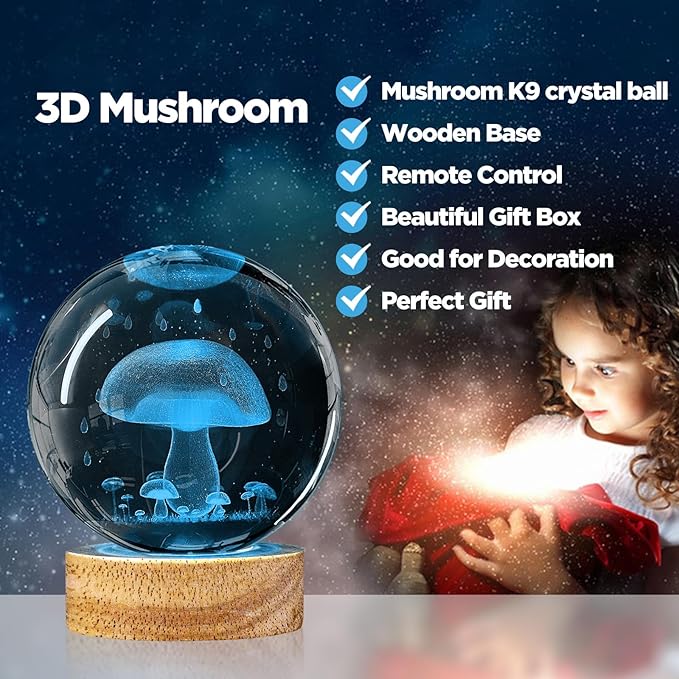 3D Mushroom Crystal Ball Night Light,3.15in k9 Crystal Ball Lamp with 16 Colors Change,Wooden Base and Remote Control Mushroom Decor Gifts for Kids