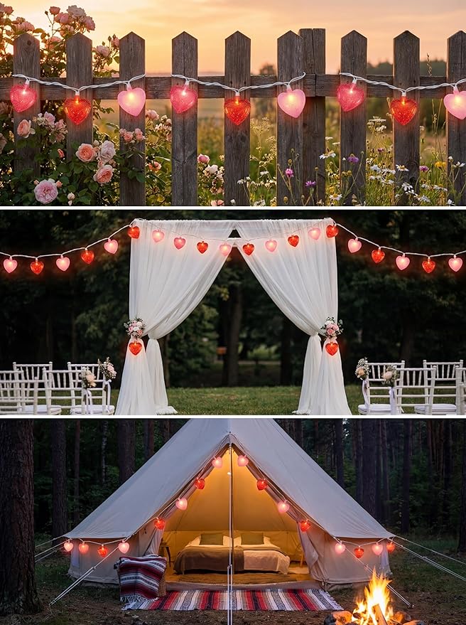 8.5Ft Red and Pink Heart String Lights,10 LED 3D Glitter Hearts Plug in Fairy Heart Shape Lights,Connectable Valentine's Day Decorations for Bedroom,Window,Wedding,Anniversary,Indoor Outdoor