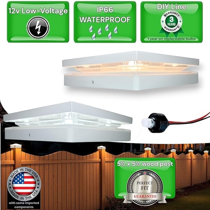 DekLights® DIY Line LED Lighted Post Cap for 6x6 Wood Posts (True 5.5"x5.5"). Our 12volt Low Voltage with Replaceable LED Bulb. for Your 6x6 Fence Posts (White Cap 6000k Bulb)