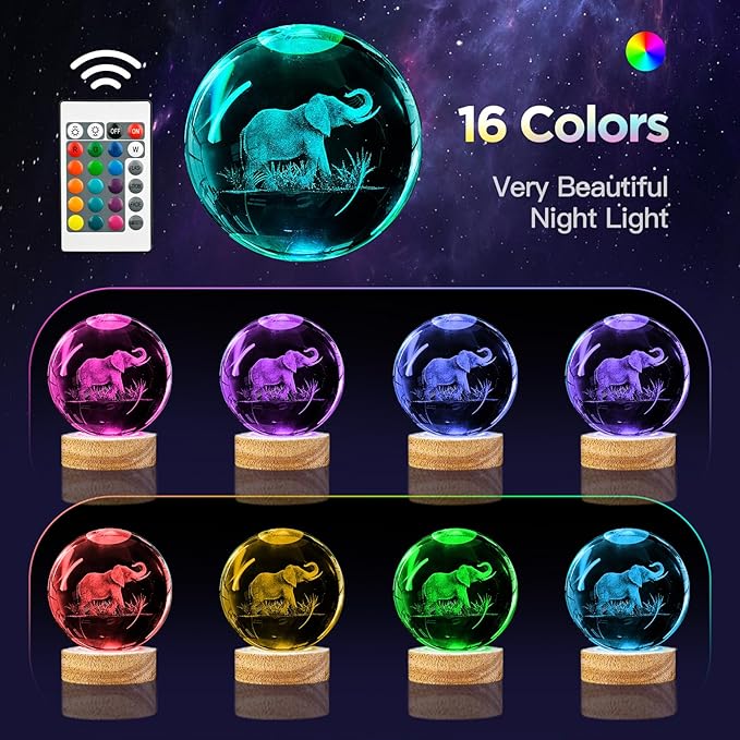 3D Elephant Crystal Ball Night Light with Woodern Base, 3.15" Elephant Figurines Glass Lamp with 16 Colors Cool Desk Decor Elephant Gifts for Women Kids Friends Adults