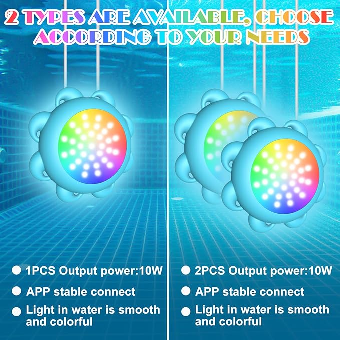 Rechargeable Pool Lights,LED Pool Lights with APP & Remote Control,20W RGB Dimmable Smart Underwater Lights with Timer,IP68 Waterproof Music Sync for Aboveground Inground Pools 33ft Cord (RGB-10W)