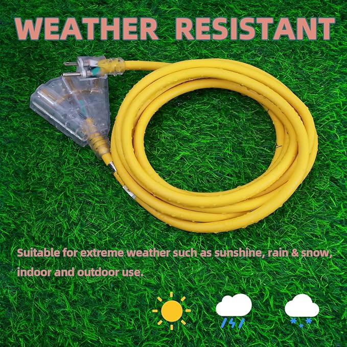 6 Ft Lighted Outdoor Extension Cord with 3 Electrical Power Outlets - 12/3 SJTW Heavy Duty Yellow Extension Cable with 3 Prong Grounded Plug for Safety, UL Listed