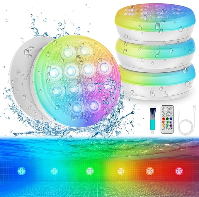 Pool Lights, Ultra-High Brightness Rechargeable Submersible Pool Lights with Remote, IP68 Waterproof 22 Colors Changing Light 2600mAh Magnet LED Underwater Light for Pools Hot Tub 4 Pack