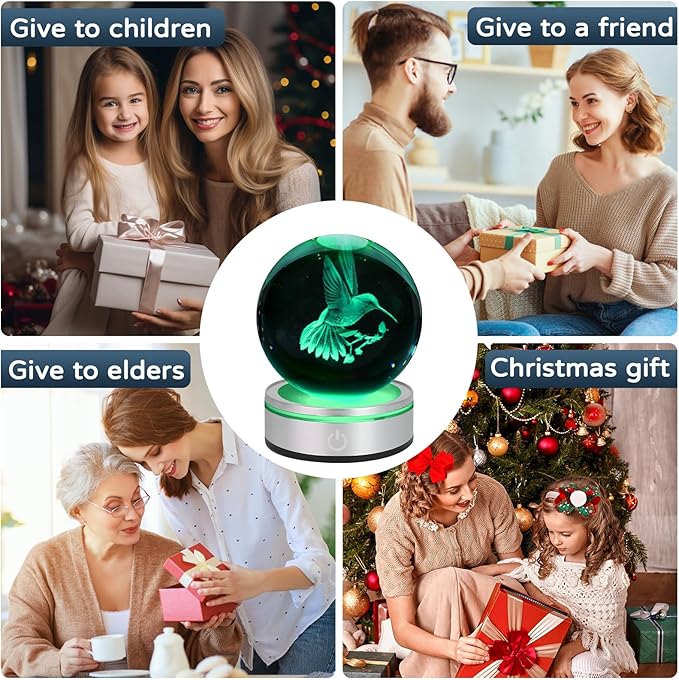 3D Hummingbird Crystal Ball Night Light with LED Colorful Touch Base 3.15 in Hummingbird Figurine Glass Sphere Lamp for Birthday Christmas, Cute Hummingbird Home Decor Gifts for Kids Teens Women