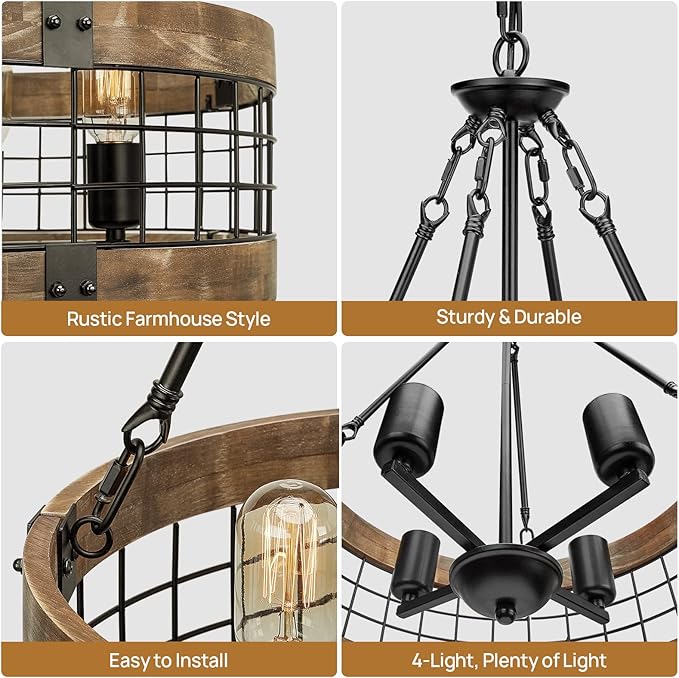 Farmhouse Rustic Chandelier Light Fixture, 4-Light Round Hanging Pendant Lighting for Dining Room Entryway Kitchen Island Foyer Breakfast Area, Black Wood and Black Metal Finish