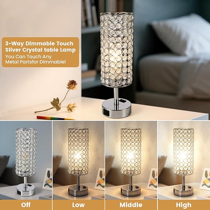 Crystal Table Lamp Touch Table Light Chrome Dimmable USB Charging Modern Bedside Lamps for Bedroom Night Stands Living Room (Bulb Included)