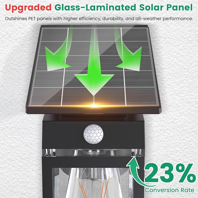 Solar Porch Lights Outdoor, Dusk to Dawn & Motion Sensor Wall Light with Lantern Shape, 3 Modes IP65 Waterproof, E26 Bulb Exterior Sconce for Front Porch, Garage, Patio Security