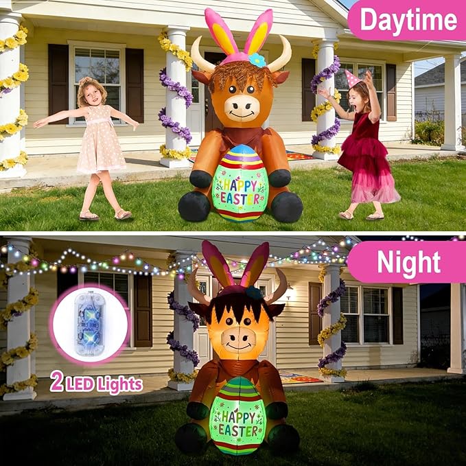 5FT Tall Easter Inflatable Highland Cow with Easter Egg Outdoor Decoration, Blow Up Highland Cow Inflatables Built-in 2 LEDs for Easter Day Outdoor Indoor Yard Garden Lawn Decor