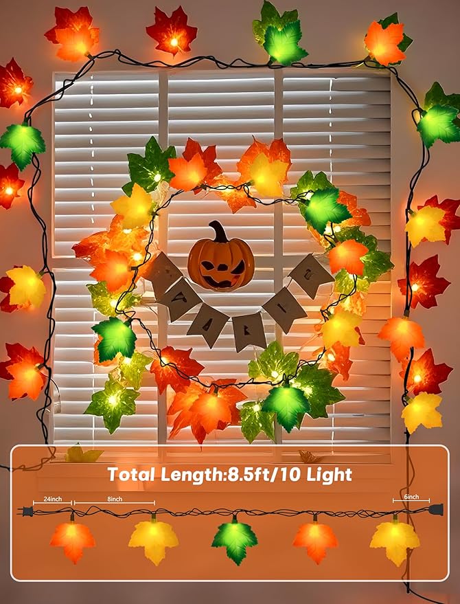 Fall Decorations Thanksgiving for Home, 8FT Halloween Decor Indoor Lights with 10 LED Maple Leaf, Connectable Novely Fairy String Lights Autumn Harvest Table Indoor Outdoor Decor Halloween Party Gifts