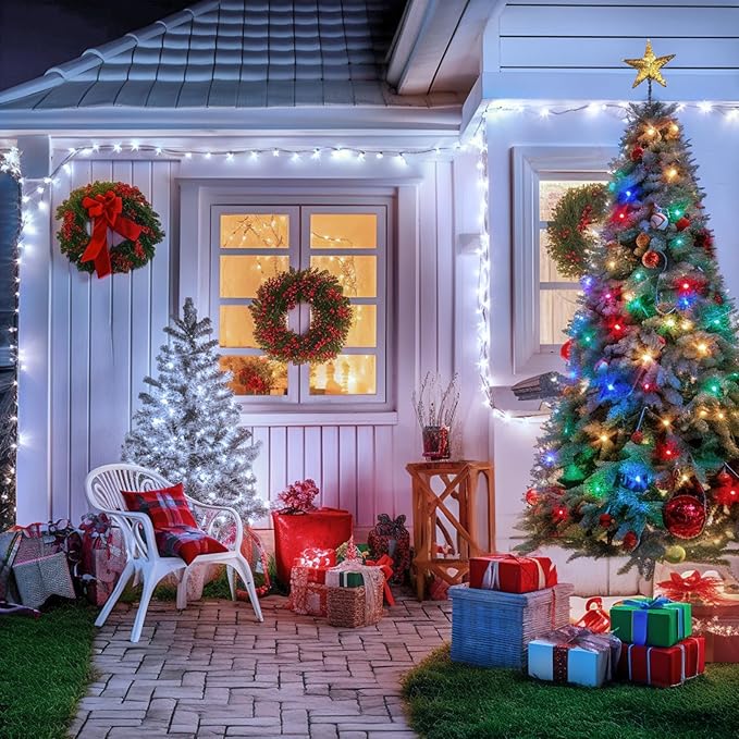 JMEXSUSS 2 Pack Solar String Lights Outdoor Waterproof, Total 66 FT 200 LED Solar Christmas Lights Outdoor, Twinkle Light for Christmas Tree Outside Garden Yard Xmas Decor, White to Multicolor