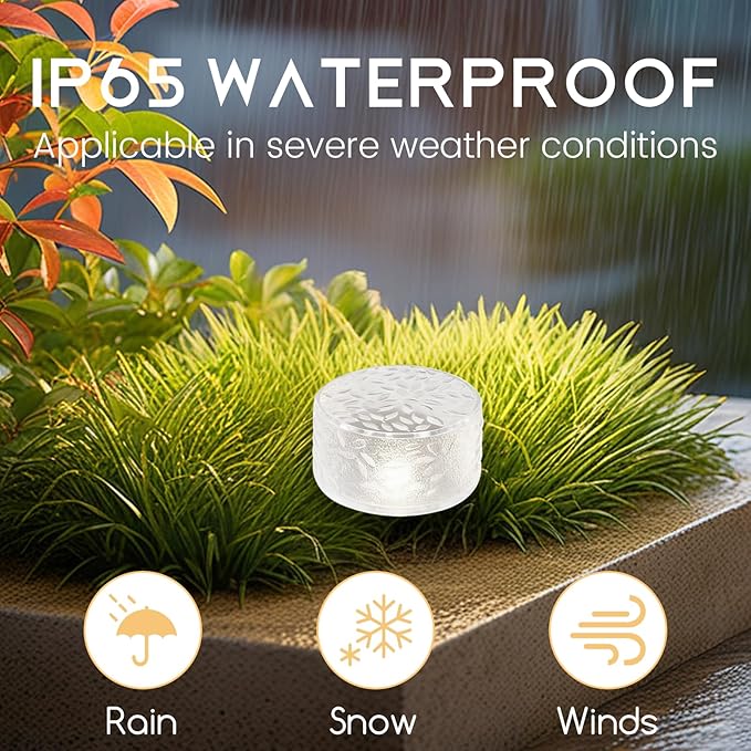 Wokyo 4 Packs Solar Ice Cube LED Light, Solar Wireless Paver Lights, 4x2.2 inch Rock Lights with 6 LED for Patio, Yard, Walkway, Pathway Decor (Circle-Cold White)