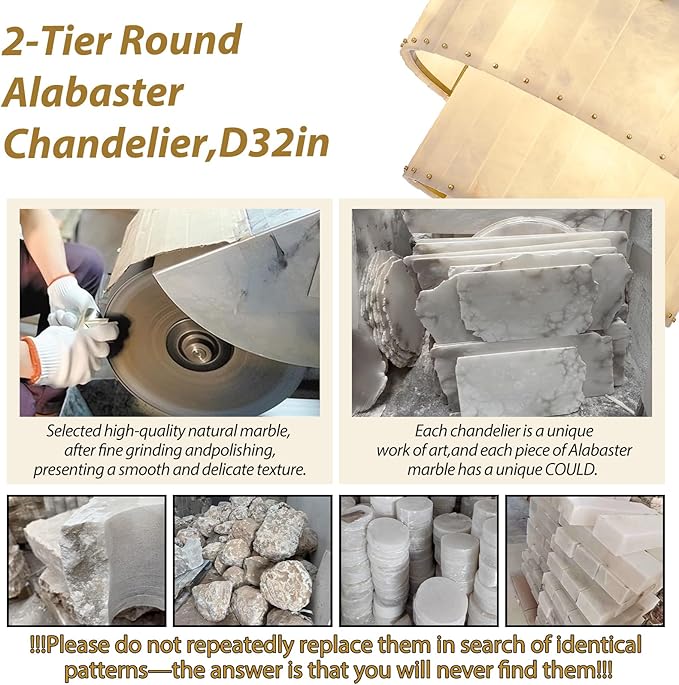 Alabaster Chandelier D32in Spanish Natural Marble Round Chandeliers, 2 Tiers Alabaster Pendant Light,Modern Living Room Chandelier, Dimmable Gold Chandeliers for Dining Room,Bedroom,Bathroom,Entryway