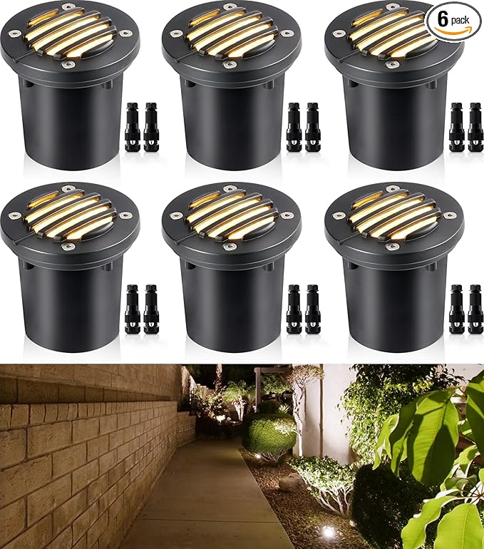SUNVIE 12W Low Voltage Landscape Lighting Anti-Glare LED Well Lights(Grated Top) 12V-24V Waterproof Outdoor In-Ground Lights 3000K Landscape Lighting for Garden Yard Pathway 6 Pack with Connectors