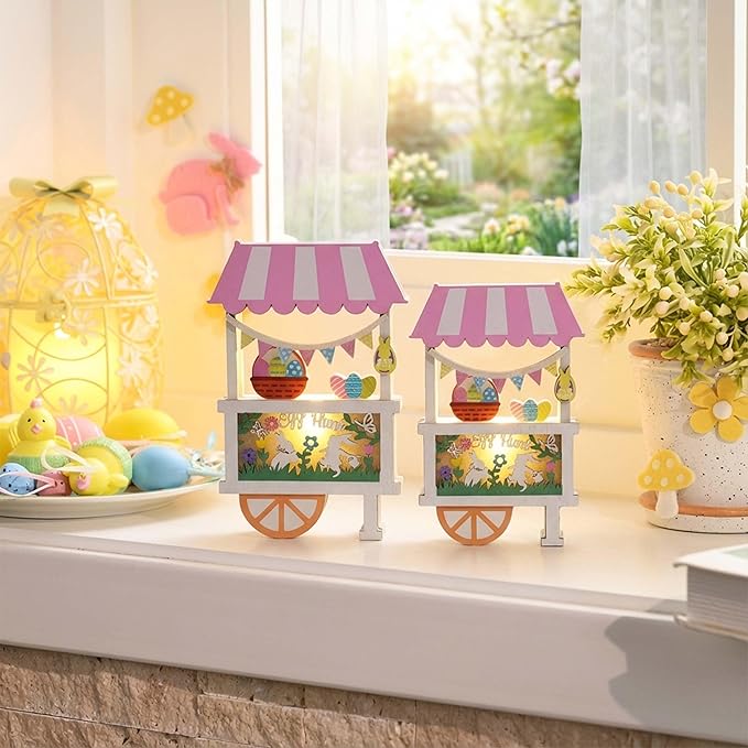 Valery Madelyn Easter Decorations, Easter Decor with LED Light, Lighted Egg Hunt Booth Decor for Table, Wooden Bunny Decorations for Home Decor Shelf Tiered Tray Living Room, 10.3 inch