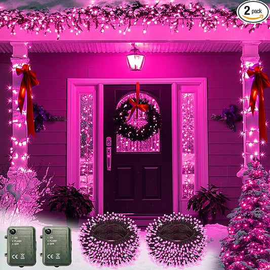Pink String Lights Battery Powered, 2 Pack Total 33 FT 100 LED Pink Valentines Day String Lights for Indoor Outdoor Decoration, Twinkle Fairy Light for Valentines Day Decorations