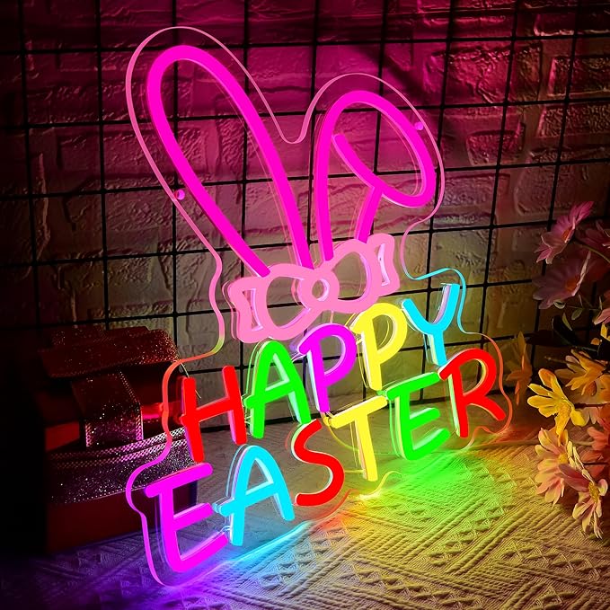 Easter Neon Sign for Wall Decor Dimmable Happy Easter Bunny LED Light Sign Bunny Lamp for Festival Decoration Rabbit Light Festival Decor for Home Shop Party Kids Room Window Size 12.9 * 12.4in(P039)