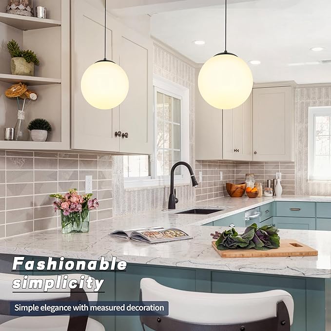 KoKo&Yukina 10" Globe Pendant Light Black Mid Century Pendant Light Mid Century Adjustable Hanging Light Fixture Matte Black Finished with Milk Glass Lampshade for Dining Room Bedroom Kitchen Island