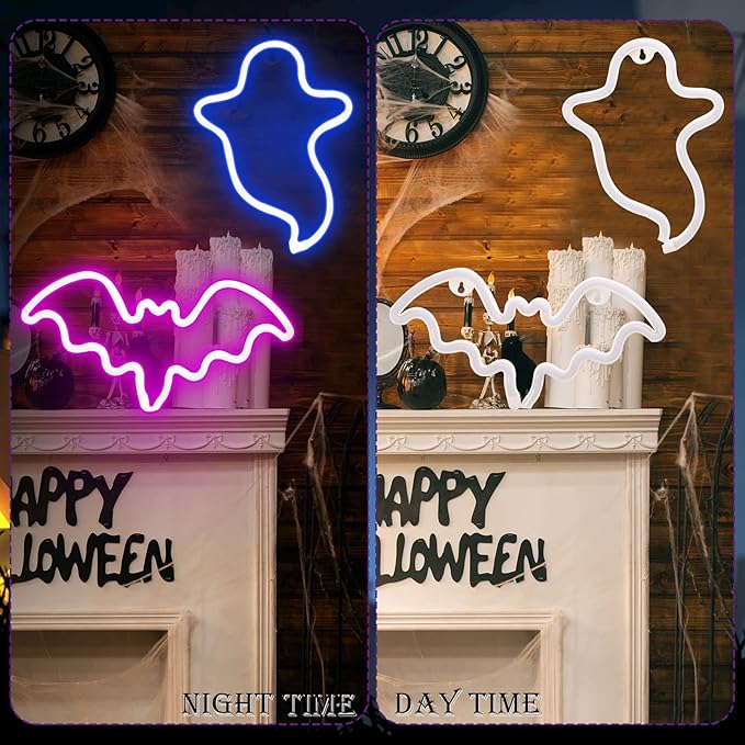 2 Pack Halloween Decoration LEDs Neon Sign Light Ghost Neon Sign Bat Lights Neon Signs Hanging Neon Signs for Halloween Party Decorations Indoor Home Window Decorations(Batteries Not Included)