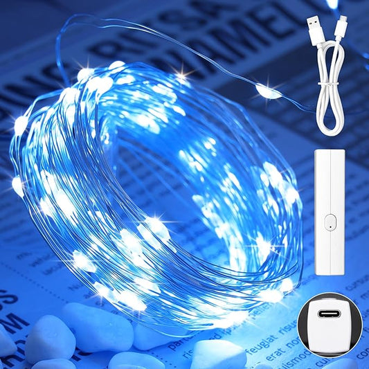 Lakumu Rechargeable LED String Lights, Blue Fairy Lights Battery Operated with Timer, Twinkle Lights for Bedroom, Christmas Decorations, Wedding, Centerpiece Table Decor (10M/33FT Blue)