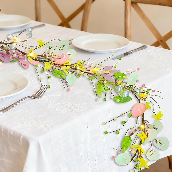 DR.DUDU 6 ft Easter Garland Decoration with Easter Eggs, Pre-Lit Artificial Hanging Floral Garland Spring Decor for Indoor Outdoor Home Kitchen Mantle Fireplace Holiday Party