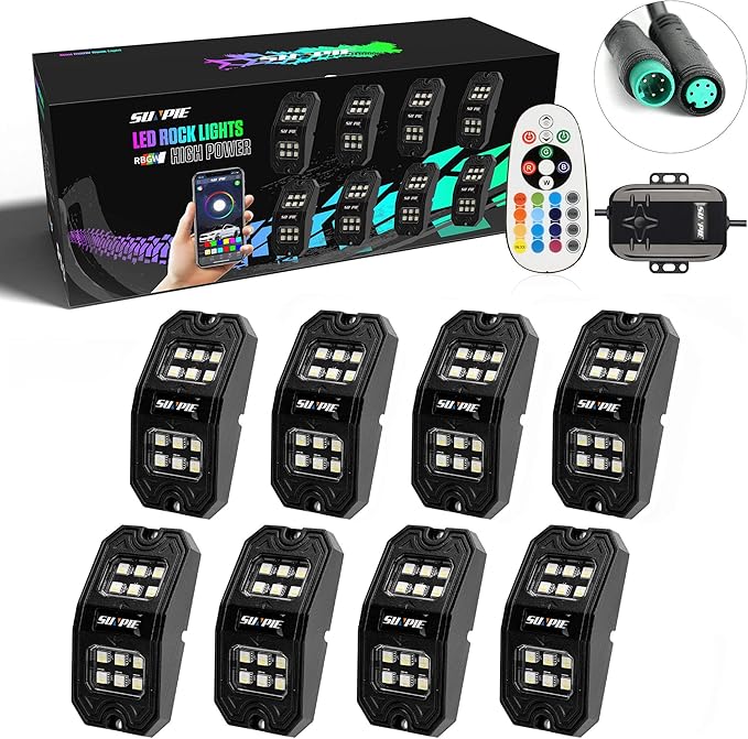 SUNPIE 8 Pods 210 Degrees Wide Angle RGBW Rock Lights Phone App Voice Mode Music Mode Automatic Control Neon Light Kit Wheel Well Lights for Off Road Truck SUV ATV UTV Boat
