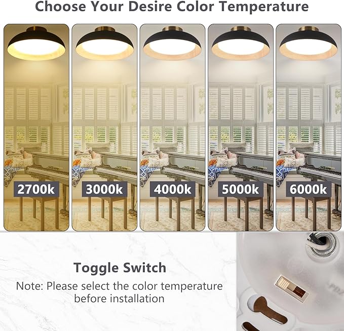 Bargeni Flush Mount Ceiling Light,12.5 inch LED Ceiling Light Fixture,5CCT Dimmable/2700K-6000K/20W, Matte Black with Wood Accent,Mid Century Light Fixtures Ceiling Mount,ETL Certified