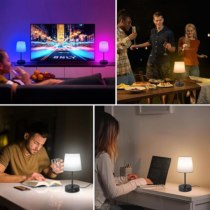 Ascher Small Bedside Table lamp Set of 2, RGB Color Changing Lamps, 3 Color Temperatures Nightstand Lamps with USB C and A Ports, Touch Dimmable Desk Lamp for Bedroom Living Room(White Shade)