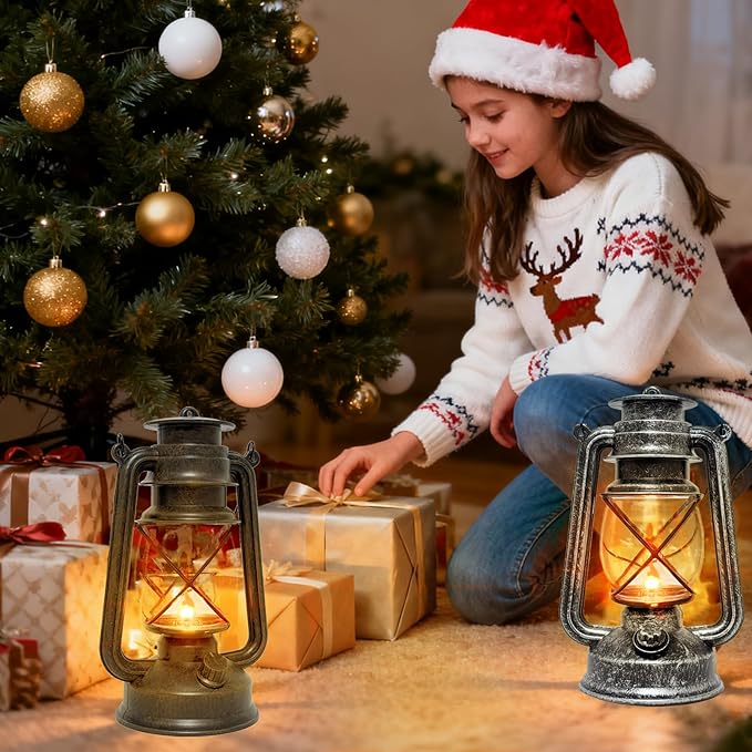 Vintage LED Outdoor Lantern Battery Powered Lanterns with Flame Wick Waterproof Camping Lamp Non-Solar Hanging Lantern Lights Landscape Decor for Indoor/Outdoor Use- Silver Color