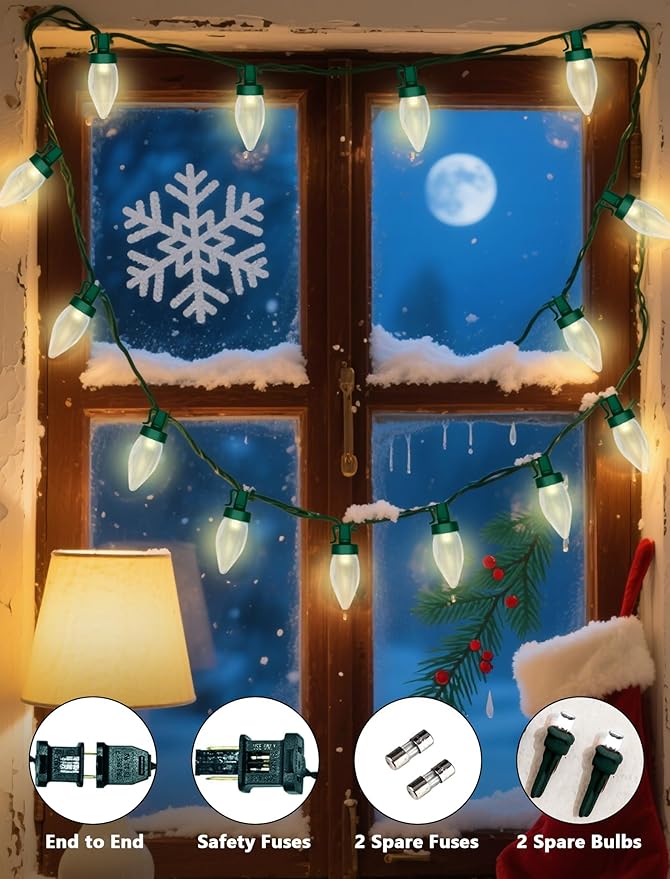C7 LED Christmas Lights Outdoor, 26FT Outdoor String Lights Plug in with 50 C7 Warm White Bulbs, Vintage Christmas Lights Waterproof for Indoor Holiday Patio Roofline Xmas Tree Party Decorations