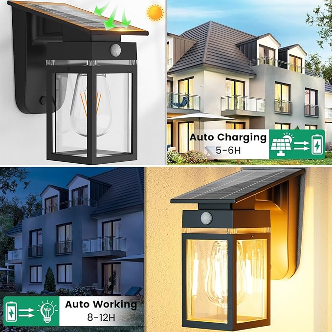Solar Porch Lights Outdoor, Dusk to Dawn & Motion Sensor Wall Light with Lantern Shape, 3 Modes IP65 Waterproof, E26 Bulb Exterior Sconce for Front Porch, Garage, Patio Security