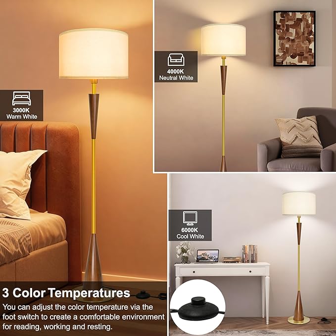 Floor Lamp for Living Room, Wood 3 Color Temperatures & Linen Shade, Modern Reading Standing Lamp with 9W LED Bulb, Mid Century Night Light for Farmhouse, Bedroom, Office, Bronze