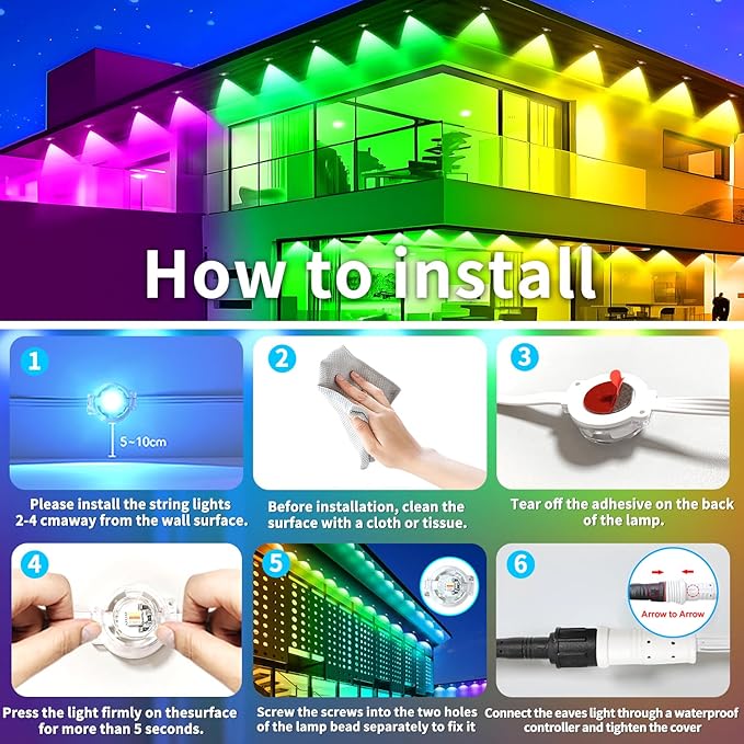 150FT Permanent Outdoor Light, IP67 Waterproof LED Eaves Light, App/Remote Control Christmas Lights, Suitable for House，Patio Decor Garden Party Festival Decoration