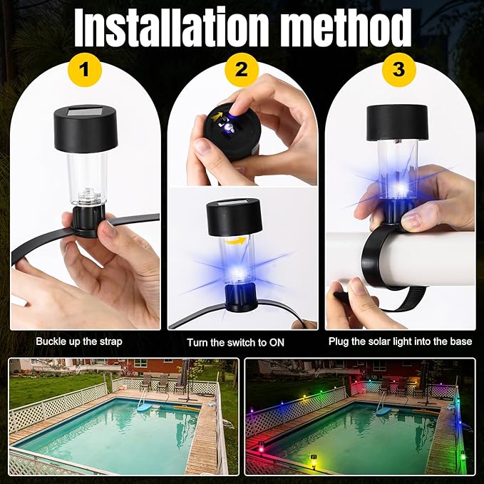 VIHOSE Pool Solar Lights for Framed Above Ground Pools Waterproof Solar Light Outdoor Swimming Pool Fence Decorations Pool Accessories Night Lights(Colorful Light,16 Pcs)