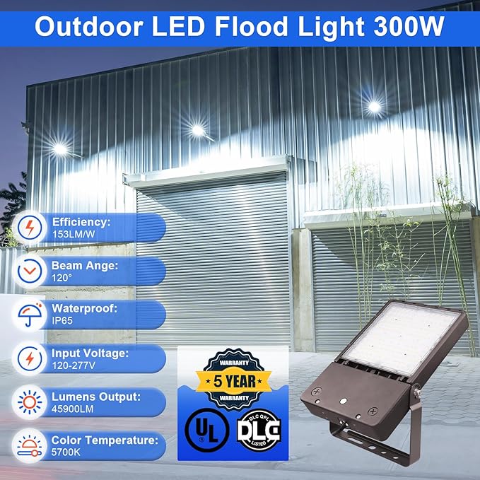300W LED Flood Light Outdoor, 5700K Daylight LED Stadium Flood Lights, 45900LM Exterior Parking lot Area Lighting, IP65 Waterproof for Stadium, Arena, Parking Lot 120-277VAC, UL&DLC Listed