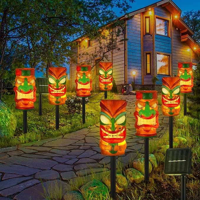 4 Pcs Tiki Solar Light Decor Waterproof Tiki Statues for Outdoor Hawaiian Party Solar Light for Luau Birthday Party Tropical Bar Christmas Garden Yard Decor(Cute)