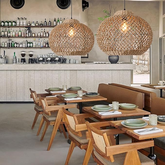 17" Rattan Pendant Light 3-Light Hand Woven Wicker Seagrass Hanging Light Boho Water Plants Rattan Chandelier for Dining Living Bedroom Kitchen Farmhouse