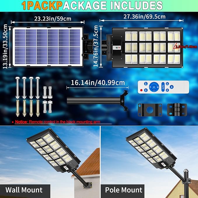 JAYNLT Y-8000W Solar Street Lights Outdoor,6500K Commercial Parking Lot Lights Dusk to Dawn, Waterproof Solar Security Flood Lamps with Motion Sensor and Remote for Yard, Garage, Driveway