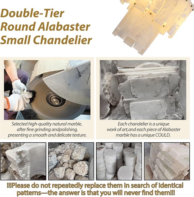 Alabaster Chandelier D13in Spanish Natural Marble Round Chandeliers, 2 Tiers Brass Alabaster Pendant Light,Modern Gold Small Chandeliers for Dining Room,Foyer,Kitchen Island,Bathroom,Bedroom