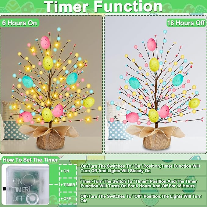 2 Pack & Timer - Easter Decorations, Easter Tree Tabletop with 20 Warm White Lights Battery Operated 19 Inch 8 Large Colorful Eggs 72 Colorful Berries Artificial Tree Easter Decor Spring Home Party
