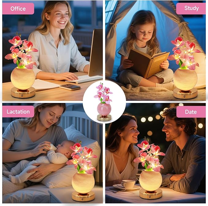 Flower Table Lamp, 3 Colors Orchid Night Light, Cordless Touch Dimming Artificial Flower with Vase Lamp, LED Bedside Night Light Romantic Gifts for Girl Women Mom (Pink Orchid)