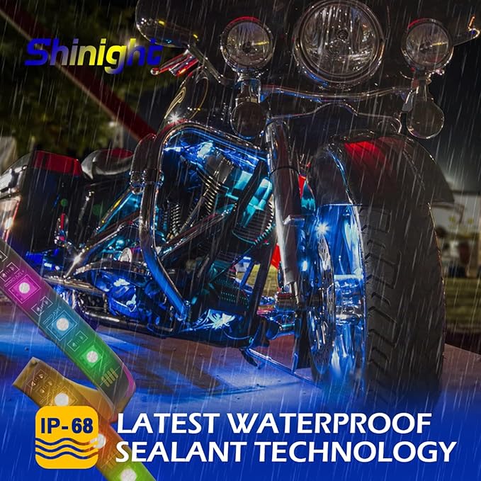 SHINIGHT 8 Pcs Motorcycle LED Light Kits, App Control Multicolor Waterproof Motorcycle LED Strip Lights with RF Remote, Music Sync & Multiple Scene Modes RGB LED Lights for Motorcycles