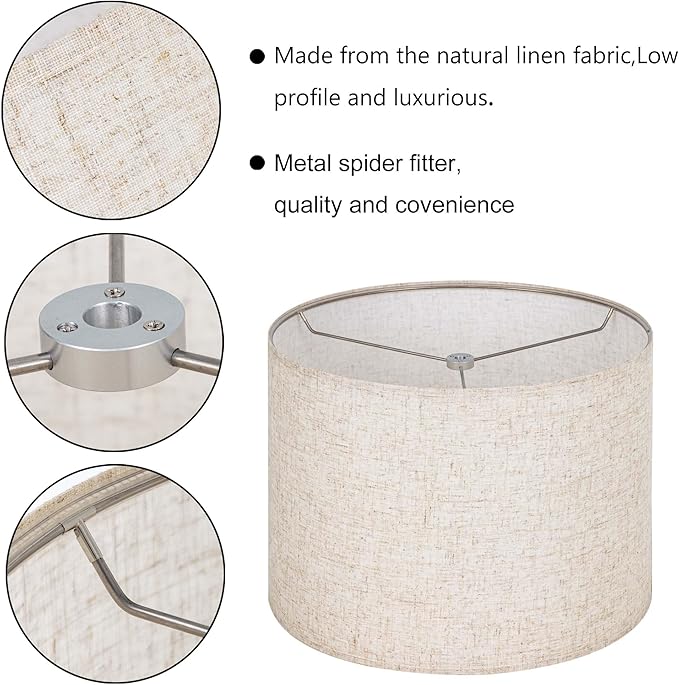Wellmet Linen Set of 2 Drum Lampshades, Easy Assembly Required 16" Top x 16" Bottom x 12" High Replacement Lamp Shades, Fabric Lampshades for Table Lamps Floor Lamps, Metal Spider Fitter