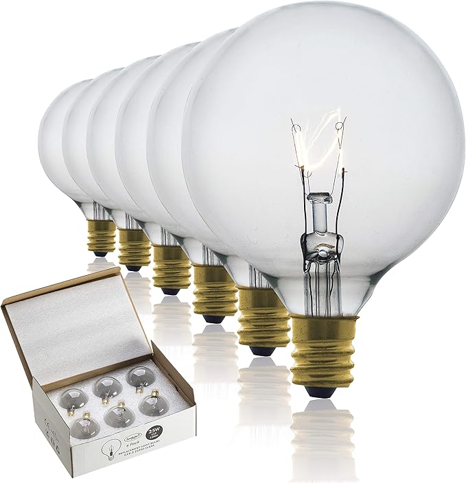 SouLight 25 Watt Wax Warmer Bulbs for Full Size Scentsy Warmer & Scentsy Burner - Replacement Light Bulbs. Incandescent E12 Socket w/Candelabra, Clear G16.5 (G50) - Pack of 6
