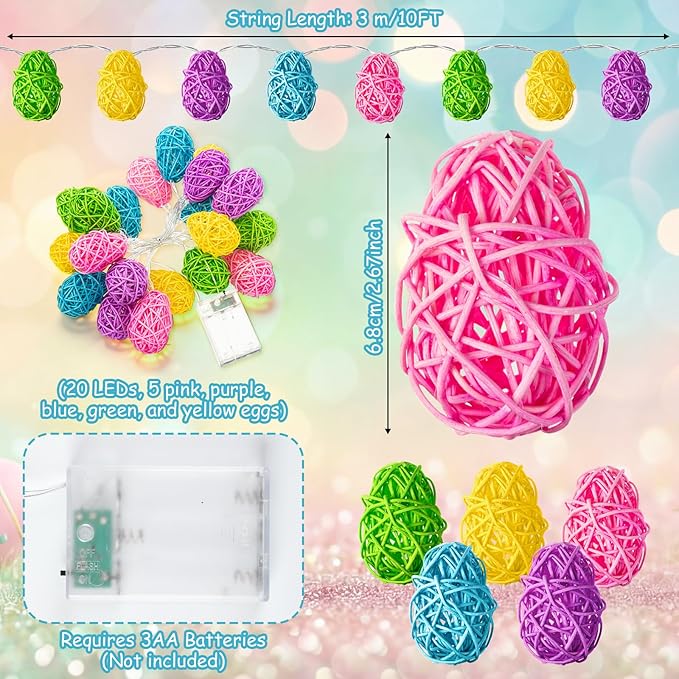 Easter Egg String Lights - 9.8ft 20 LED Candy Color Rattan Egg Lights, Battery Powered, Steady Flash Modes Portable for Easter Spring Home Party Table Window Mantel Decoration