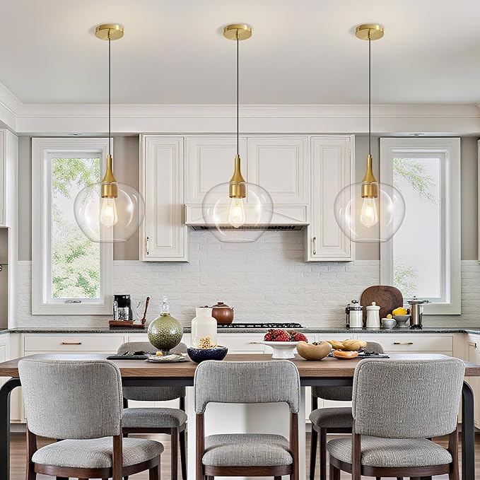 Glass Pendant Lights Kitchen Island, Brass Gold Pendant Lighting Fixtures, Modern Hanging Ceiling Light with 9.45'' Clear Glass Shade for Farmhouse Dining Room Bedroom Hallway(1 Pack)