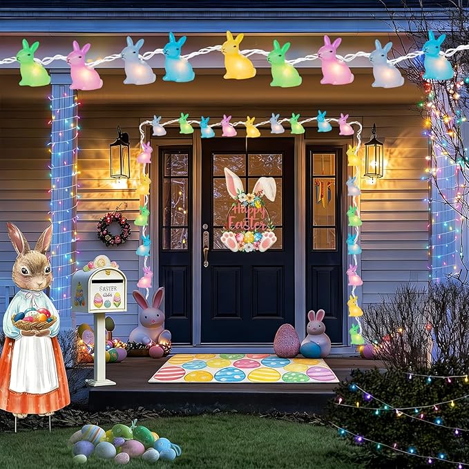 Couah 8.5Ft Multicolor Easter Lights with 10 LED Bunny Lights Plug in Easter String Lights Waterproof for Home Indoor Outdoor Garden Spring Party Easter Decorations